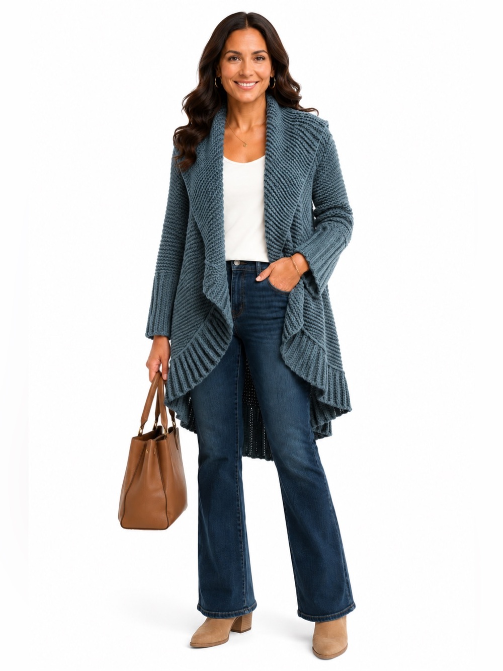 Angel Of The North Slate Blue Ruffled Open-Front Cardigan CT
